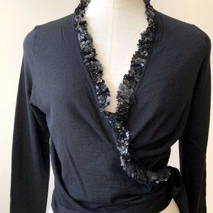 VALENTINO WRAPAROUND SEQUIN Beaded Sweater-Blouse Virgin wool Sz L
